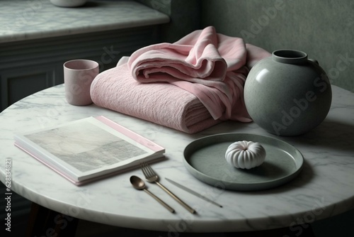 A light grey marble table holds a pink towel and an empty plate while providing writing space. Generative AI