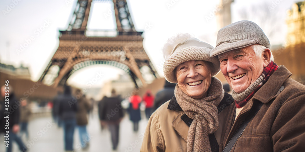 Vibrant elderly couple in a joyful pose against Eiffel Tower backdrop, the lively Parisian life subtly blurred behind. Immersive depth of field. Paris, France. Generative AI