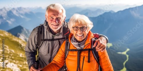 Adventurous elder couple hiking, Swiss Alps unfocused backdrop for depth. Symbol of enduring spirit. Generative AI