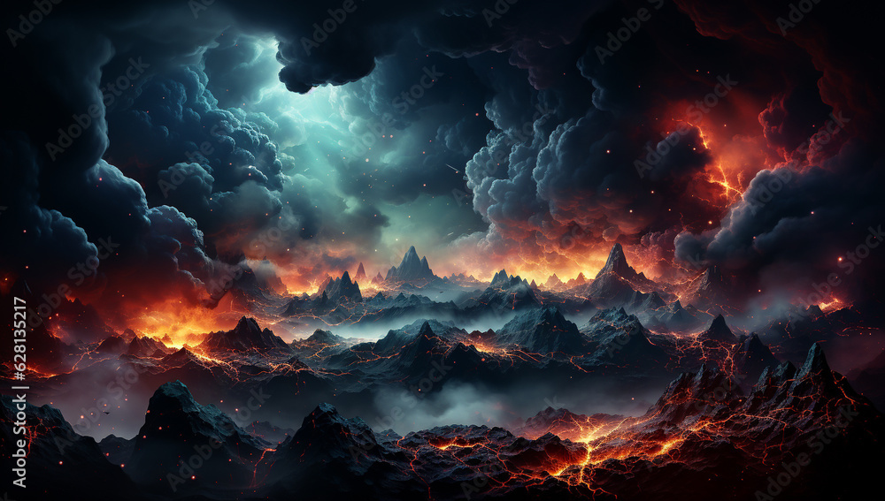 Vibrant landscape of very cloudy sky over mountains landscape. AI generated Vibrant landscape of very cloudy sky over mountains landscape. AI generated