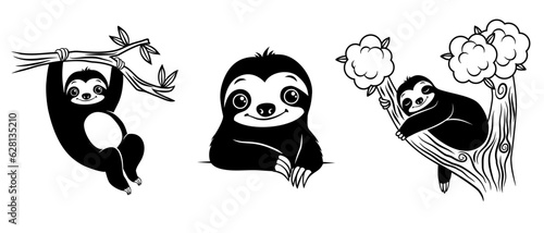 Set of 3 cartoon cute Sloths. Hand drawn vector designs.