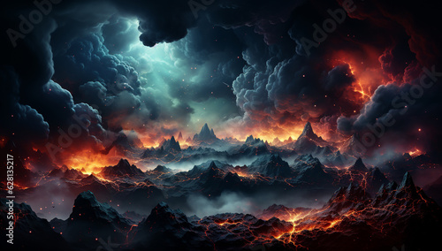 Vibrant landscape of very cloudy sky over mountains landscape. AI generated
