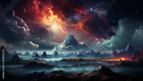 Vibrant landscape of very cloudy sky over mountains landscape. AI generated