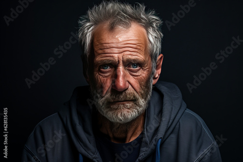 Touching portrait of an elderly man displaying intense emotion, marked by tears and a peaceful expression; resonating grief & solitude in its simplicity. Generative AI