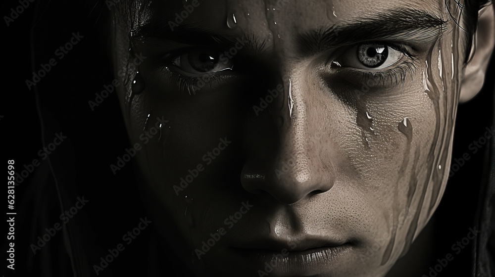 Impressive monochrome close-up portrait of a teary-eyed young man exuding calmness and intense emotion, encapsulates vulnerability and solitude. Generative AI Impressive monochrome close-up portrait of a teary-eyed young man exuding calmness and intense emotion, encapsulates vulnerability and solitude. Generative AI