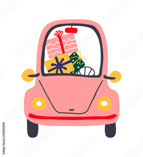 Greeting postcard with retro cartoon car. Pink car with shopping and gifts for Christmas. Vector illustration for card, cover, t shirt, bag.