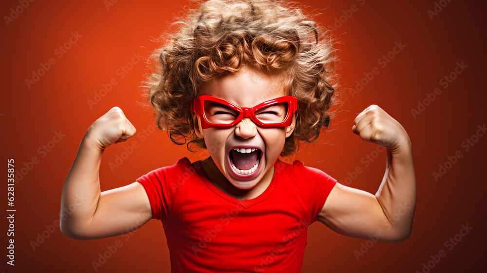 A kid in a superhero costume; flexing her biceps with a confident grin; embodying youthful strength and imagination. Bold; crimson red background. Generative AI A kid in a superhero costume; flexing her biceps with a confident grin; embodying youthful strength and imagination. Bold; crimson red background. Generative AI