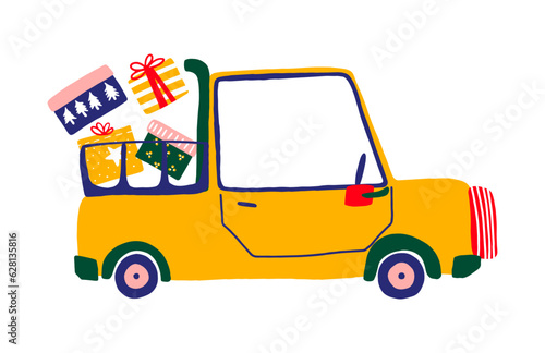 Greeting postcard with retro cartoon pickup car. Yellow car with shopping and gifts for Christmas. Vector illustration for card, cover, t shirt, bag.