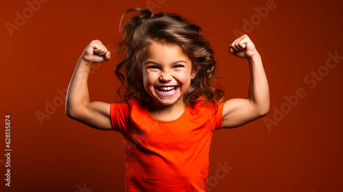 Empowering display of a child in superhero costume flexing muscles; radiating bravery and imagination against a vibrant red background. Generative AI