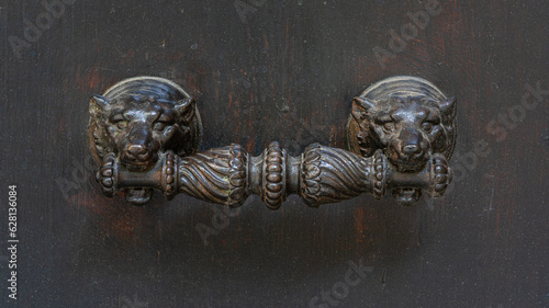 Closeup view of vintage bronze door handle with wolf heads on ancient brown wooden door, Montpellier, France