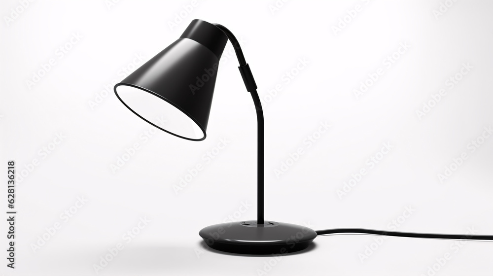 Scandinavian-style modern desk lamp in black, isolated on white. Front view, minimalistic interior decor item. Scandinavian-style modern desk lamp in black, isolated on white. Front view, minimalistic interior decor item.