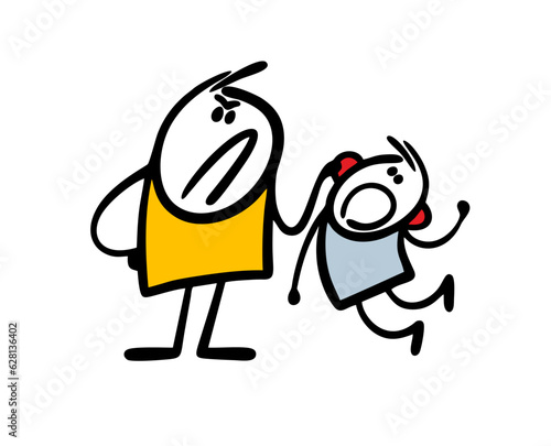 Cartoon strict father caught the bully son and holds him by the ear. Vector illustration of parents physical abuse of children for pranks and misdemeanors.