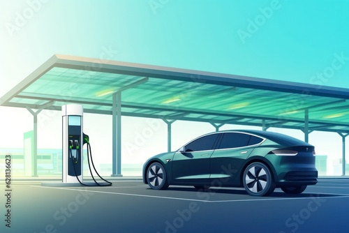 EV charging stations powering electric cars in a futuristic city with connected cable