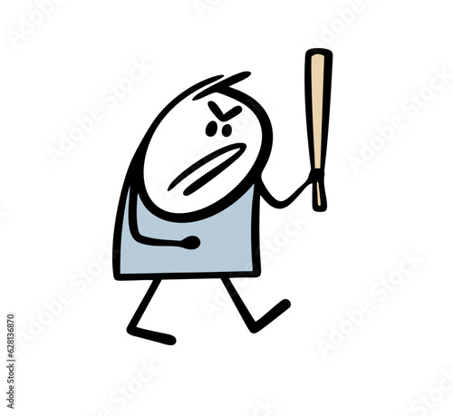 Aggressive cartoon stickman goes to take revenge and holds a baseball bat to intimidate enemies. Vector illustration of a bully with a gun wants to fight.