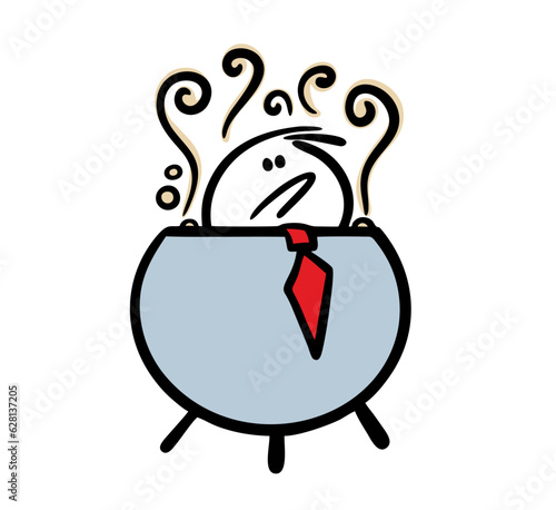 Office worker has committed a crime and is being punished, sitting in a pot of boiling water. Vector illustration of hell for a businessman and a financial fraudster.