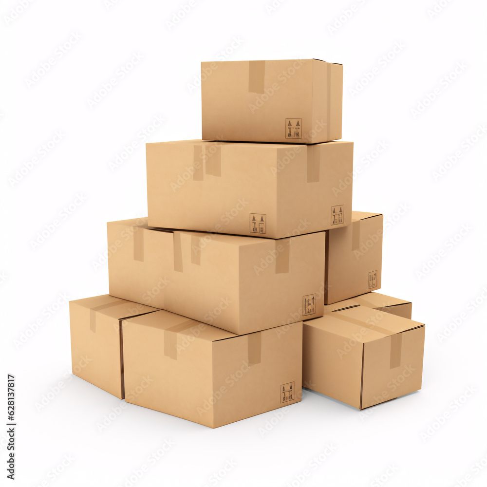 A set of cardboard boxes on top of each other for delivery on a white background. 3D style.