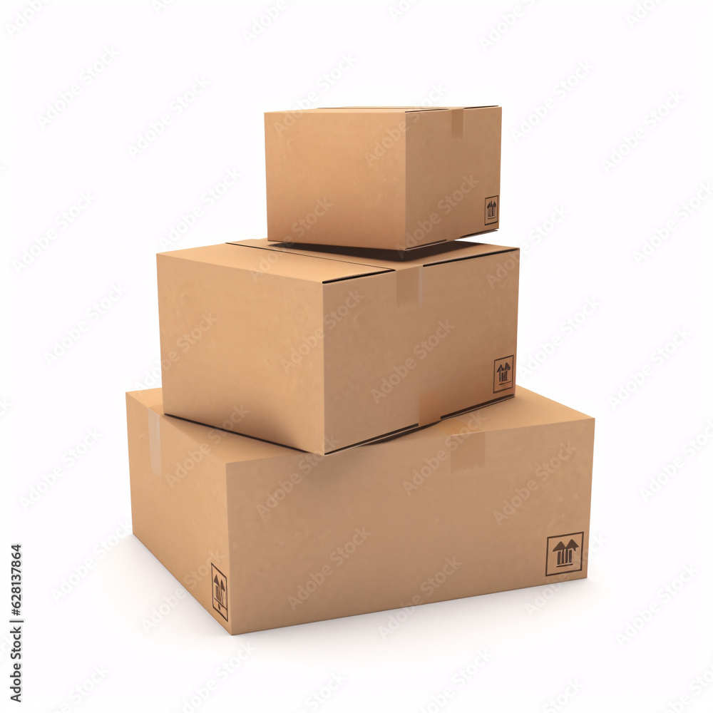 A set of cardboard boxes on top of each other for delivery on a white background. 3D style. A set of cardboard boxes on top of each other for delivery on a white background. 3D style.