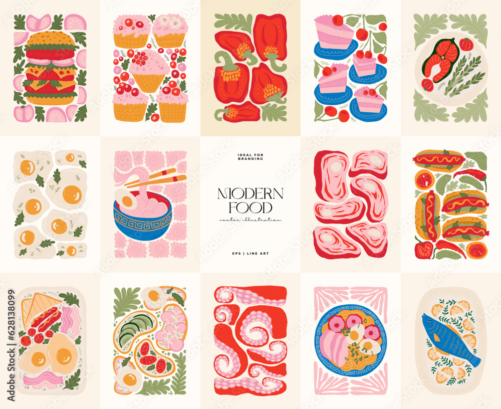 Food abstract elements. Food and healsy composition. Modern trendy Matisse minimal style. Restaurant and kitchen poster, invite. Vector arrangements for greeting card or invitation design Food abstract elements. Food and healsy composition. Modern trendy Matisse minimal style. Restaurant and kitchen poster, invite. Vector arrangements for greeting card or invitation design