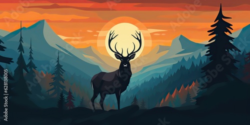 AI Generated. AI Generative. Nature outdoor forest mountain deer animal background. Adventure trekking hunting landscape background poster. Retro vintage american woodcut graphic style