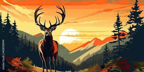 AI Generated. AI Generative. Nature outdoor forest mountain deer animal background. Adventure trekking hunting landscape background poster. Retro vintage american woodcut graphic style photo
