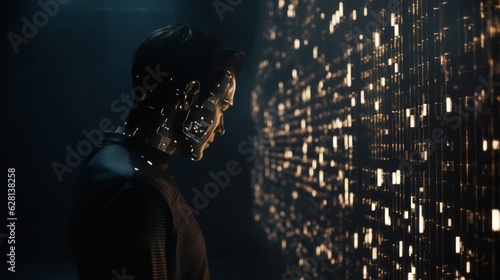 Humanoid female AI futuristic android, cyborg robot, vibrant neon neural network, futuristic technology & artificial intelligence concept with head with binary code background. Generative AI