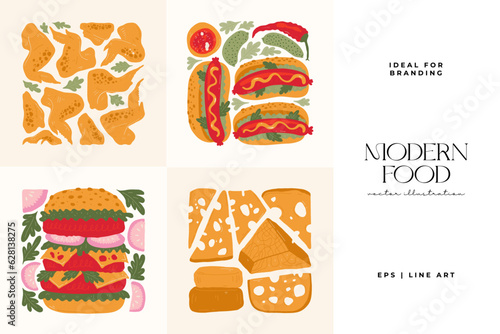 Food abstract elements. Food and healsy composition. Modern trendy Matisse minimal style. Restaurant and kitchen poster, invite. Vector arrangements for greeting card or invitation design