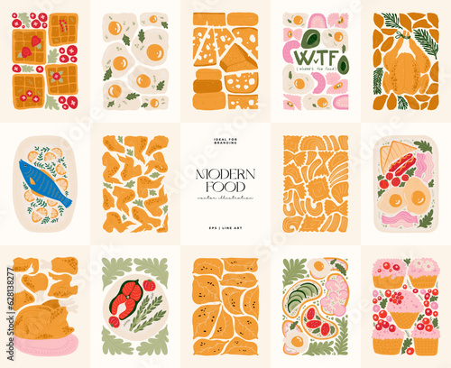 Food abstract elements. Food and healsy composition. Modern trendy Matisse minimal style. Restaurant and kitchen poster, invite. Vector arrangements for greeting card or invitation design