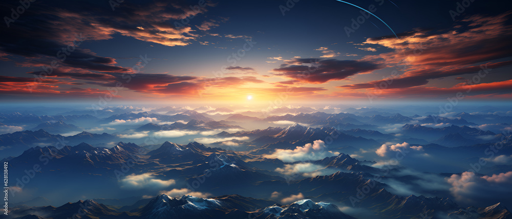  The view from the high mountain overlooks the wide sky. sunrise over the mountains