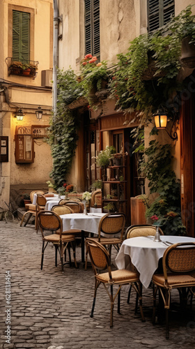 Traditional restaurant exterior with tables, chairs and menu, France
