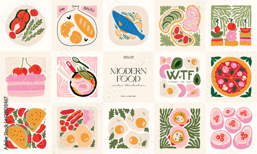 Food abstract elements. Food and healsy composition. Modern trendy Matisse minimal style. Restaurant and kitchen poster, invite. Vector arrangements for greeting card or invitation design