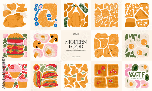 Food abstract elements. Food and healsy composition. Modern trendy Matisse minimal style. Restaurant and kitchen poster, invite. Vector arrangements for greeting card or invitation design