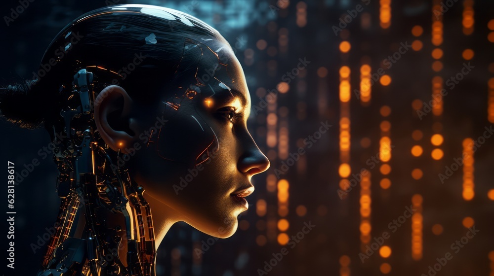 Humanoid female AI futuristic android, cyborg robot, vibrant neon neural network, futuristic technology & artificial intelligence concept with head with binary code background. Generative AI Humanoid female AI futuristic android, cyborg robot, vibrant neon neural network, futuristic technology & artificial intelligence concept with head with binary code background. Generative AI