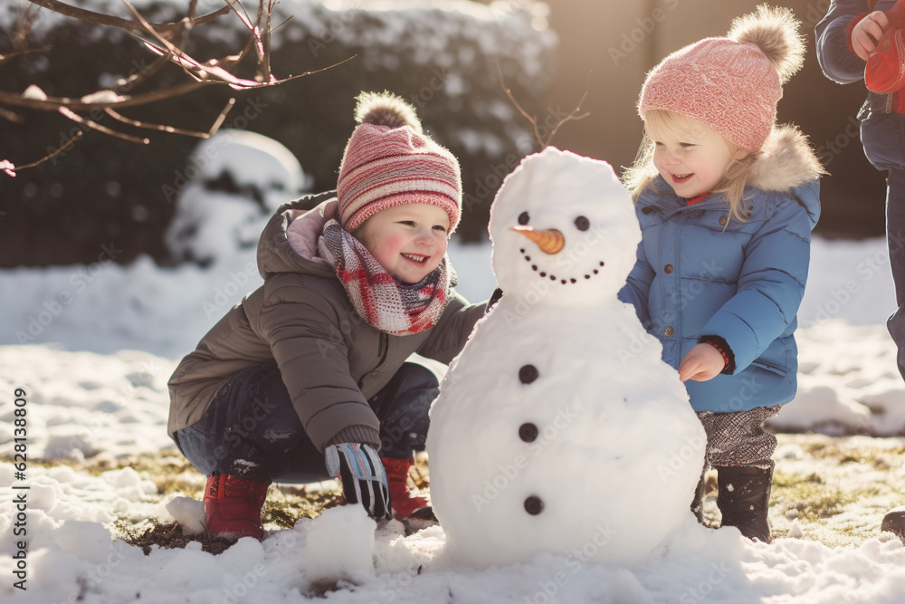 Happy kids building snowman in the garden at sunny winter day. Generative AI