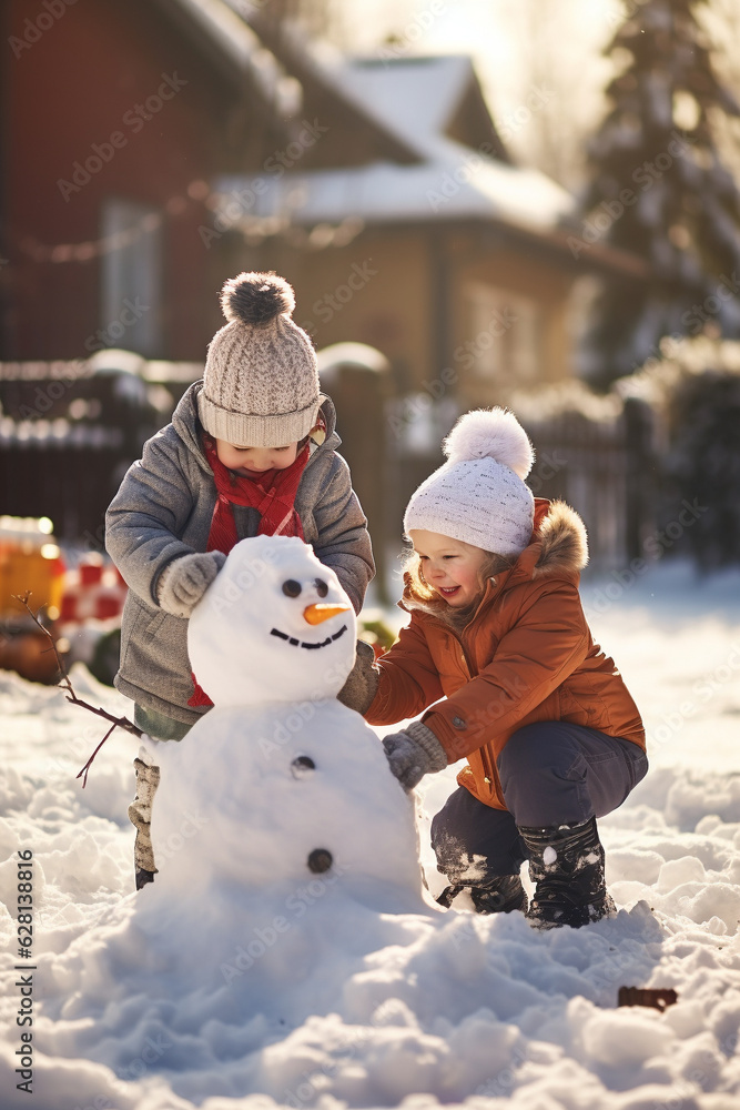 Happy kids building snowman in the garden at sunny winter day. Generative AI Happy kids building snowman in the garden at sunny winter day. Generative AI