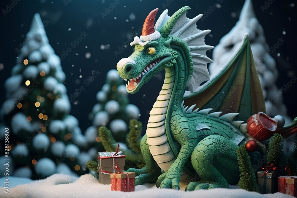 Green wooden dragon near the Christmas tree Green wooden dragon near the Christmas tree