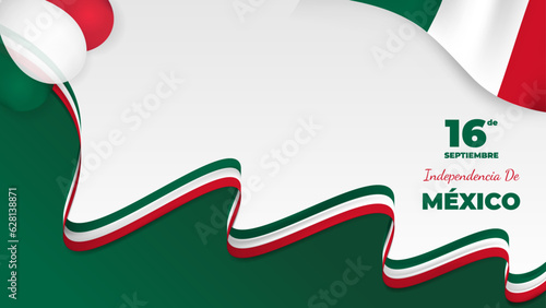 Decorative 16 de Septiembre Independencia de México Greeting with Copy Space, Wavy Mexican National Flags, and  Ribbons