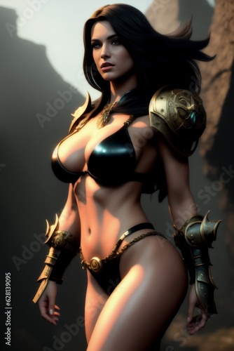 a woman in a sexy costume  armored in a heroic fantasy style