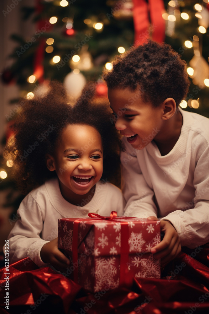 Happy kids opening together Christmas gifts and presents under Christmas tree. Generative AI Happy kids opening together Christmas gifts and presents under Christmas tree. Generative AI