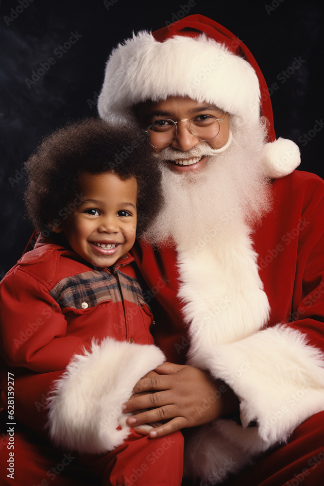 Happy kid sitting on Santa Claus laps, Christmas time. generative AI Happy kid sitting on Santa Claus laps, Christmas time. generative AI