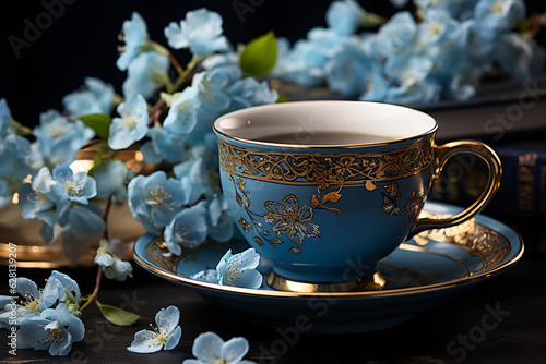 Teacup and blue flowers on teal saucer, Provian storybooklike photo. Generative AI photo