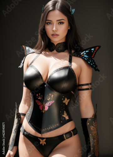 a woman in a black outfit lingerie with  butterflies  