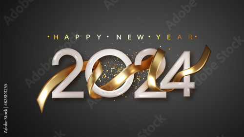 Happy New Year 2024 with golden realistic ribbon on black background. Vector realistic holiday illustration for christmas holiday