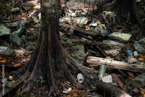 Trash by the tree roots in mangrove forest