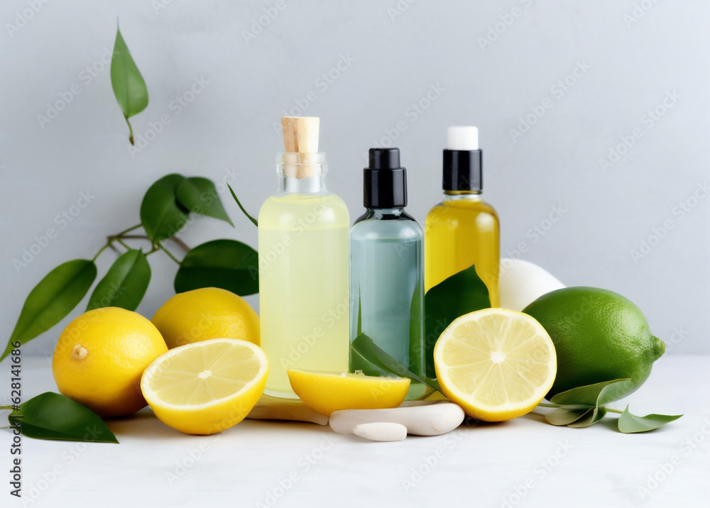 skincare lime oil lemon organic bottle spa natural treatment body. Generative AI. skincare lime oil lemon organic bottle spa natural treatment body. Generative AI.