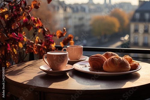 Breakfast with coffee and croissants on the balcony overlooking the autumn city. Generative AI