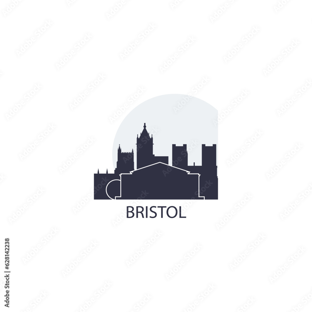 UK England Bristol cityscape skyline capital city panorama vector flat modern logo icon. Great Britain South West emblem idea with landmarks and building silhouettes at sunset sunrise