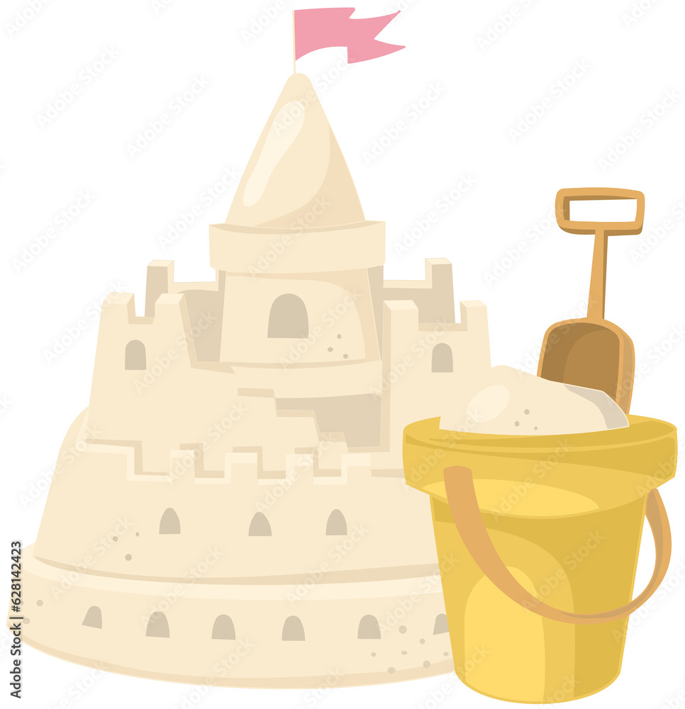 Illustration of sandcastle on the beach with yellow bucket. Summer elements. Illustration of sandcastle on the beach with yellow bucket. Summer elements.