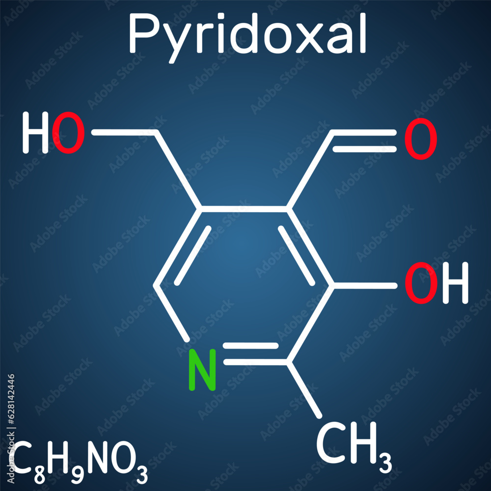 Pyridoxal molecule. It is form of vitamin B6. Structural chemical formula on the dark blue background. Vector Pyridoxal molecule. It is form of vitamin B6. Structural chemical formula on the dark blue background. Vector