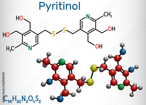 Pyritinol molecule, pyridoxine disulfide, cognitive drug. Сomponent of nootropic dietary supplements. Structural chemical formula, molecule model. Vector