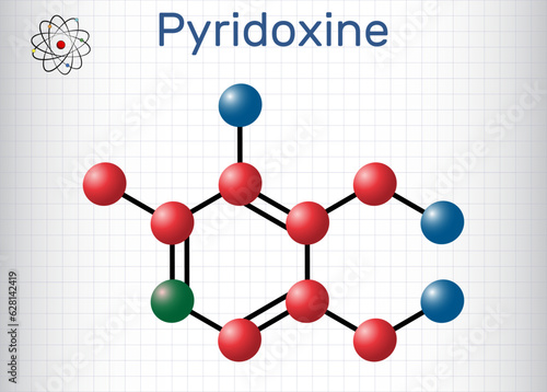 Pyridoxine molecule. It is form of vitamin B6. Molecule model. Sheet of paper in a cage. Vector
